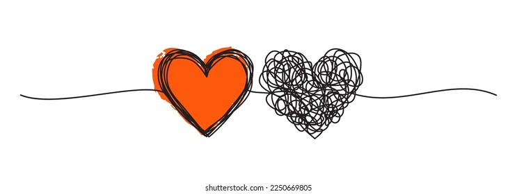 Banner with two tangled scribble hearts hand drawn
