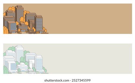 Anuncio tipo ilustración de paisaje urbano. Ilustración vectorial de edificios.
