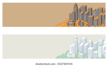 Anuncio tipo ilustración de paisaje urbano. Ilustración vectorial de edificios.