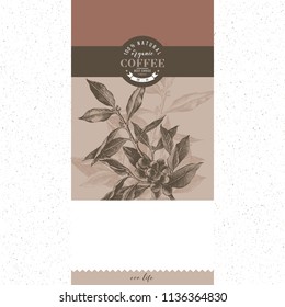 Banner with type design and hand drawn coffee tree branch. Vector illustration