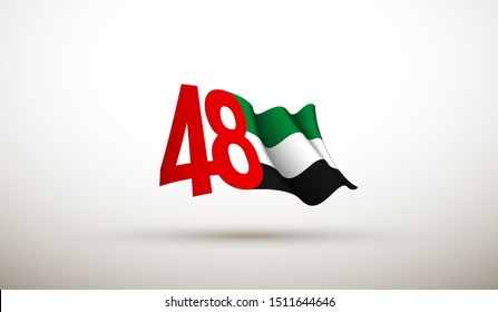 pancarta con la bandera de los EAU aislada en blanco con inscripción en árabe: 48 Día Nacional de los Emiratos Árabes Unidos Espíritu de la unión Emiratos Árabes Unidos, logo de diseño plano Celebración del aniversario Abu Dhabi 48 Tarjeta nacional del día