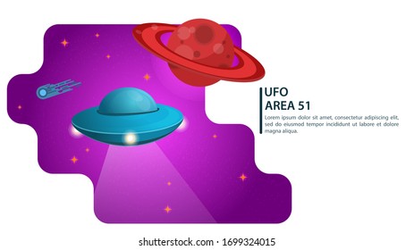 banner, UFO, flying saucer, flying in space, for web and mobile design sites, flat vector illustration