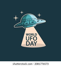 banner of UFO space ship world day and stars isolated on dark background