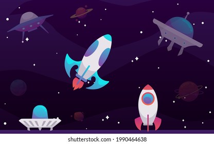 Banner with ufo spaceships flying in galaxy using science technology unidentified. Colorful cartoon background with alien rockets for kids or ui design. Flat vector illustration.