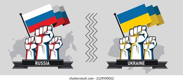 Banner for Ukraine and Russia conflict with Ukrainian and Russian flag and map with raised fists for patriotism or support. Military War crisis. Vector Illustration Icons.