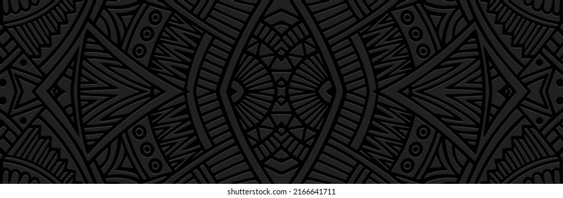 Banner, unique cover design. Embossed 3D pattern on a black background. Ethnic, tribal ornaments of East, Asia, India, Mexico, Aztecs, Peru for brochure, booklet, flyer, website.