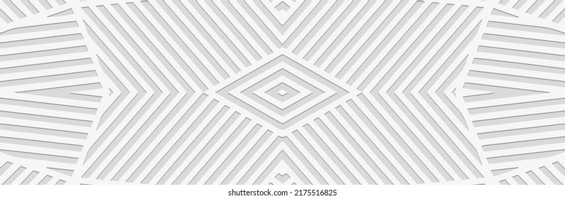 Banner, unique cover design. Embossed ethnic 3D pattern of stripes and lines on a white background in art deco style. Tribal geometric ornaments of East, Asia, India, Mexico, Aztecs, Peru.