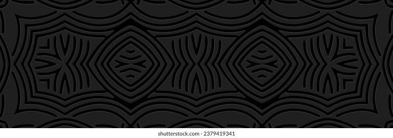Banner, einzigartiges Cover-Design. Eingegossen ethnischen Stammes geometrisches 3D-Muster auf schwarzem Hintergrund. Handgefertigt, Minimalismus, Boho. Motive aus Ost, Asien, Indien, Mexiko, Aztec, Peru im Vintage-Stil.