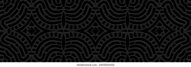 Banner, unique cover design. Embossed ethnic tribal geometric 3D pattern on black background. Ornamental decorative art of the East, Asia, India, Mexico, Aztec, Peru.