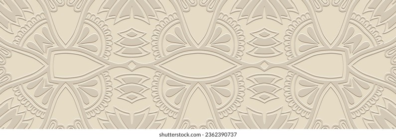 Banner, unique cover design. Relief ethnic geometric 3D pattern on a light background. Handmade, minimalism, boho. Vintage tribal motifs of the East, Asia, India, Mexico, Aztec, Peru.