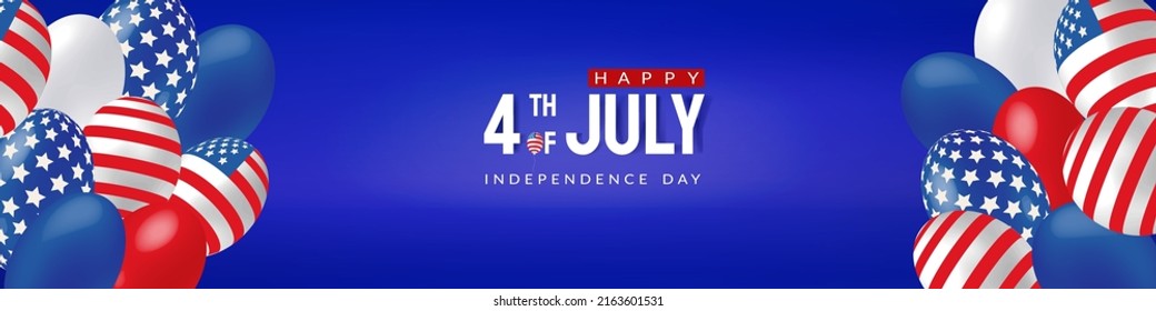 Banner United States Independence Day 4th July. Festive background with American flag balloons. Narrow and long horizontal