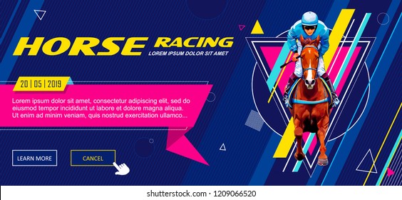 Banner. Universal template for a web site with text, buttons. Jockey on horse. Horse racing. Hippodrome. Racetrack. Jump racetrack. Horse riding. Vector illustration.