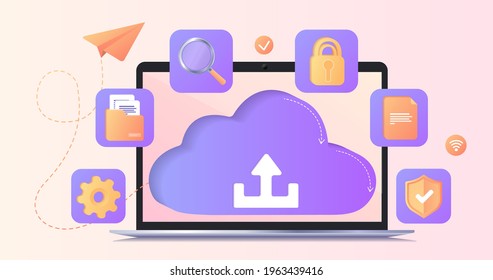 Banner With Upload Sign On Laptop Screen. Torrent Data Piracy From Servers. File Transfer And Sharing. File Transfer. Program For Remote Connection. Database With Cloud Server, Process, Classification