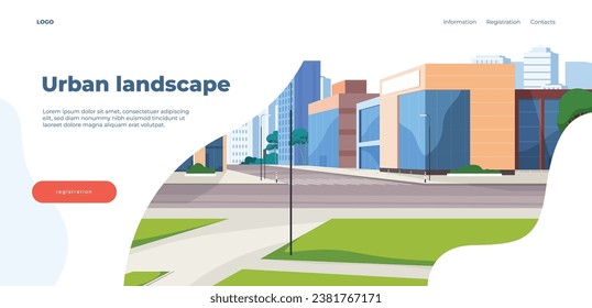 Banner with an urban landscape with a park, houses and shopping centers. City Street, Central Park. Vector illustration