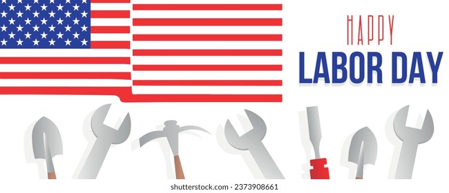 Banner for USA Labor Day with flag and tools