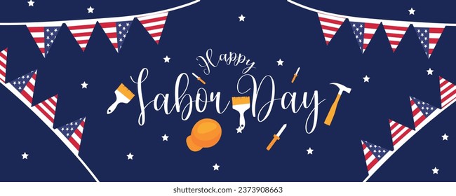 Banner for USA Labor Day with garlands and tools