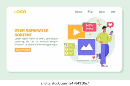 Banner user creates marketing content. Image of a female user on social networks. Flat vector illustration.