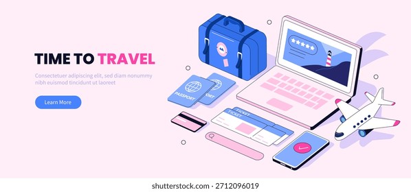 Banner with vacation preparation stuff. Trip booking, online tour reservation, tickets buying vector. Time to travel concept isometric illustration.