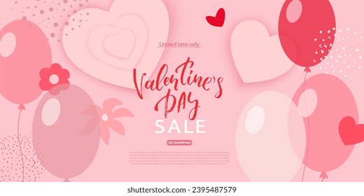 A banner for Valentine's Day. Balloons, confetti, hearts, flowers.Vector.