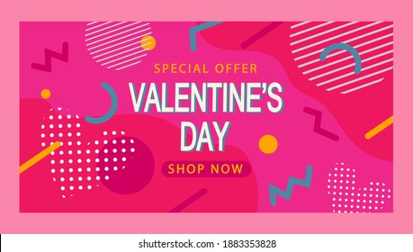 Banner for Valentines Day colored pink in Memphis style. Stock vector illustration design.