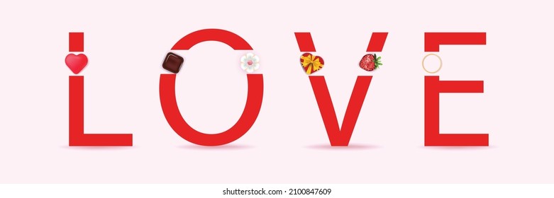 Banner with Valentine's Day elements and the word Love. Template for banners, cards, advertisements, invitations, backgrounds. Vector illustration.