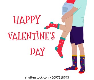 Banner for Valentine's Day, February 14.  A pair of female and male legs in socks with hearts. Vector illustration.