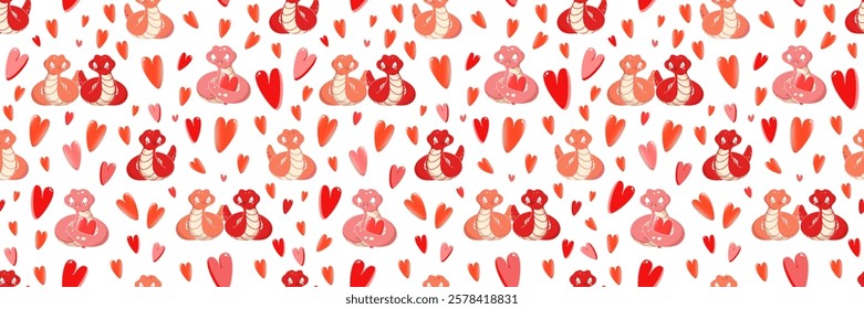 Banner for Valentine's Day. Funny snakes in love. Symbol of Chinese New Year. Place for text, congratulations, advertising, discounts. Colorful vector illustration.