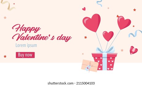 Banner Valentine's day. Gift box with a bow and heart shaped balloons. A romantic gift.