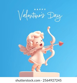 Banner for Valentine's Day greetings. 3D. Realistic cheerful cupid standing and shooting arrows of love from a bow. Vector illustration.