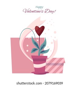 A banner for Valentine's Day in pink tones. A flower in a pot, a box and a gift bag.