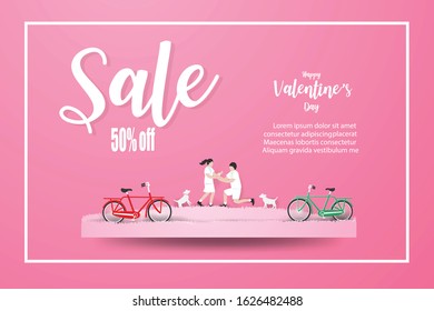 Banner Valentine's Day Sale 50% with Couple have proposed marriage on pink nature background,vector art and illustration for banner