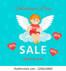 Banner for valentine's day sale with cupid with arrow and bow.   Seasonal sale. Vector illustration