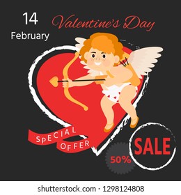 Banner for valentine's day sale with cupid with arrow and bow.   Seasonal sale. Vector illustration