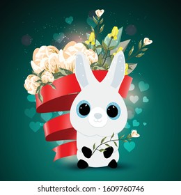 Banner Valentine's Day and spring holidays. Bouquet of flowers. Red ribbon. Isolated banner with a rabbit with flowers. Vector illustration.