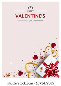 banner for Valentine's Day.Postcard template,pink background with white gift wrapping with red shiny bow,heart made of gold metal and red paper, sparkles and candy with scattered beads.flat lay