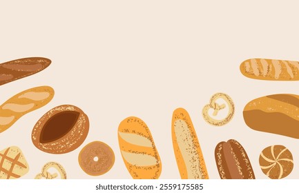 Banner with a variety of bakery products. Baguette, ciabatta, loaf, rye bread, buns, bagel