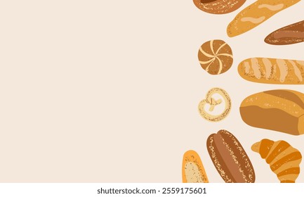 Banner with a variety of bakery products. Baguette, ciabatta, loaf, rye bread, buns, bagel