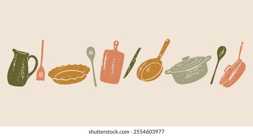 Banner with variety kitchen utensils. Hand drawn grunge vector illustration of different kitchen utensils. Pot, frying pan, knives, jug and kitchen spatulas. Cooking Background.