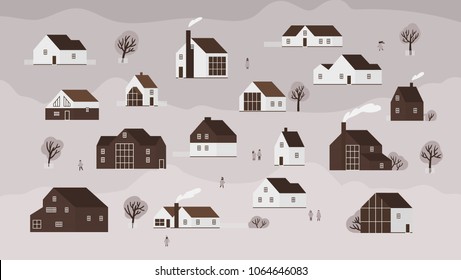 Banner with various country houses of modern Scandinavian architecture and walking people. Background with town buildings, suburb or village. Monochrome vector illustration in flat cartoon style.