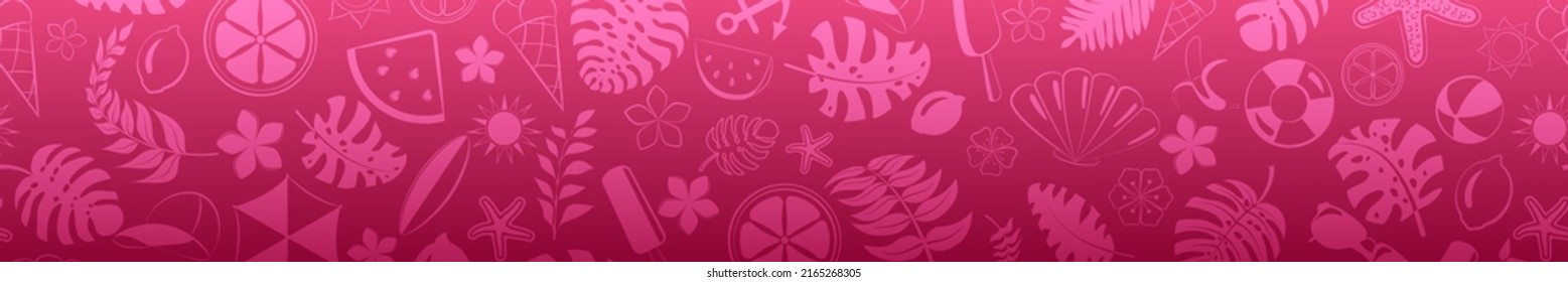 Banner of various items related to summer holidays at sea, in pink colors, with seamless horizontal repetition