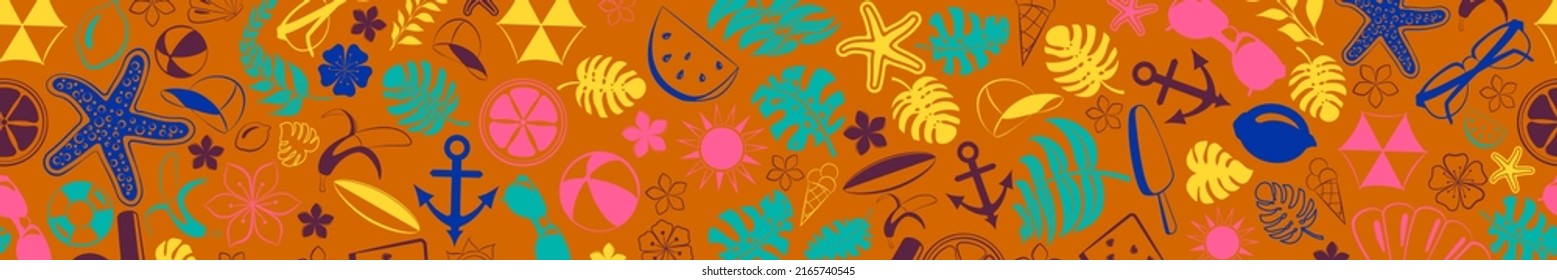 Banner of various items related to summer holidays at sea, multicolored on orange background, with seamless horizontal repetition