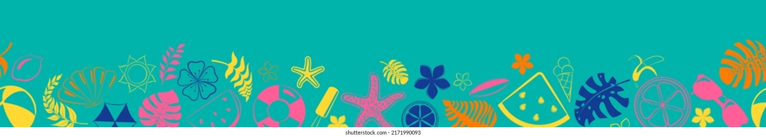 Banner of various items related to summer holidays at sea, multicolored on light blue background, with seamless horizontal repetition