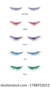 Banner with various shapes of false eyelashes curves for extension procedure vector illustration isolated on white background. Lashes extension and elongation procedure.