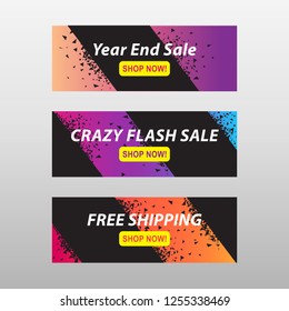 Banner Vector Abstract Degraded Shape. Year End Sale, Crazy Flash Sale, Free Shipping horizontal banners. In modern gradient colors.