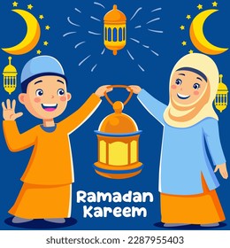 Banner vector of Boy and girl in Ramadan Kareem event perfect for Ramadan event, celebration, greeting card, gift card, etc