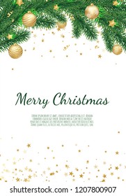 Banner with vector christmas tree branches and space for text. Realistic fir-tree border. Great for christmas cards, banners, flyers, party posters, headers.