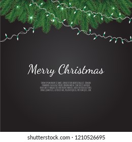 Banner with vector christmas tree branches and space for text. Realistic fir-tree border, frame isolated on white.