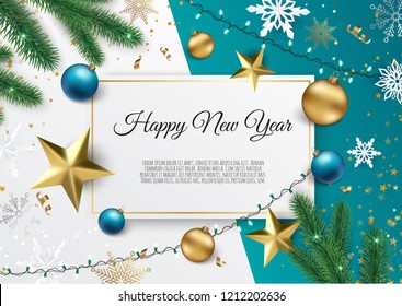 Pancarta con ramas vectoriales de árboles de Navidad, estrellas doradas, bolas de Navidad y espacio para texto.