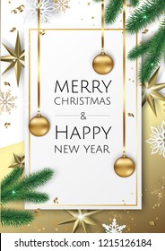 Banner with vector christmas tree branches, gold stars, christmas balls and space for text.