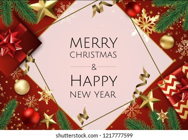 Banner with vector christmas tree branches, gold stars, christmas balls and space for text.